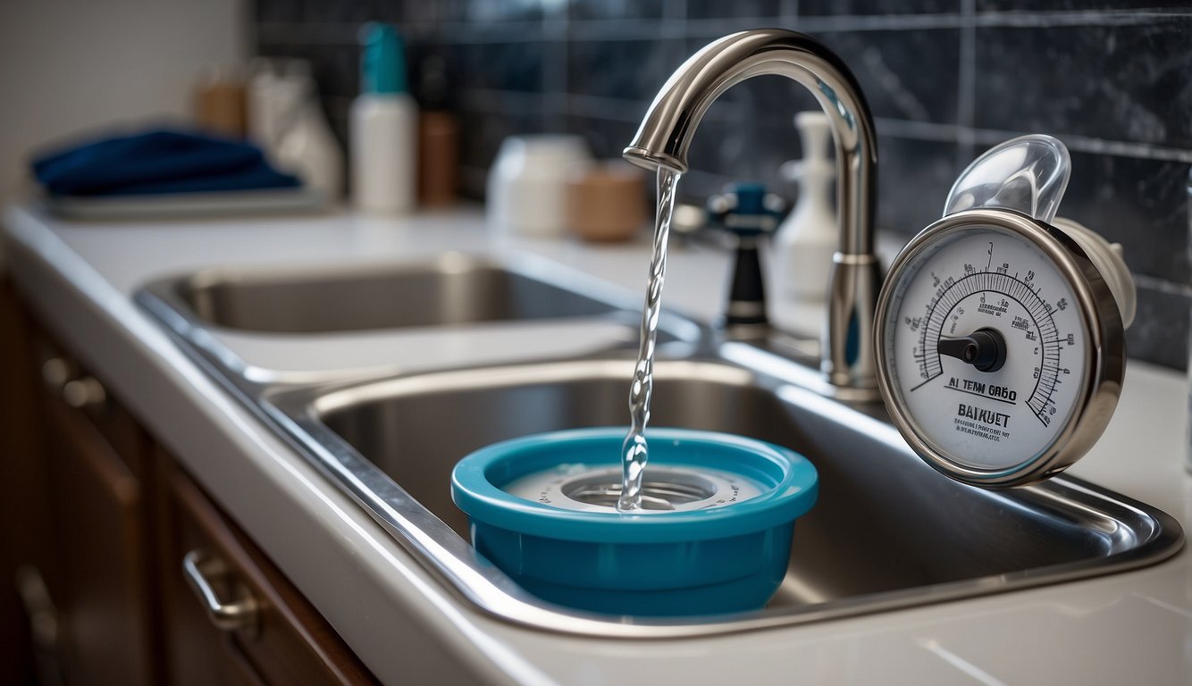 An RV's water meter spins as it dispenses water into a sink, shower, and toilet, showing daily water usage