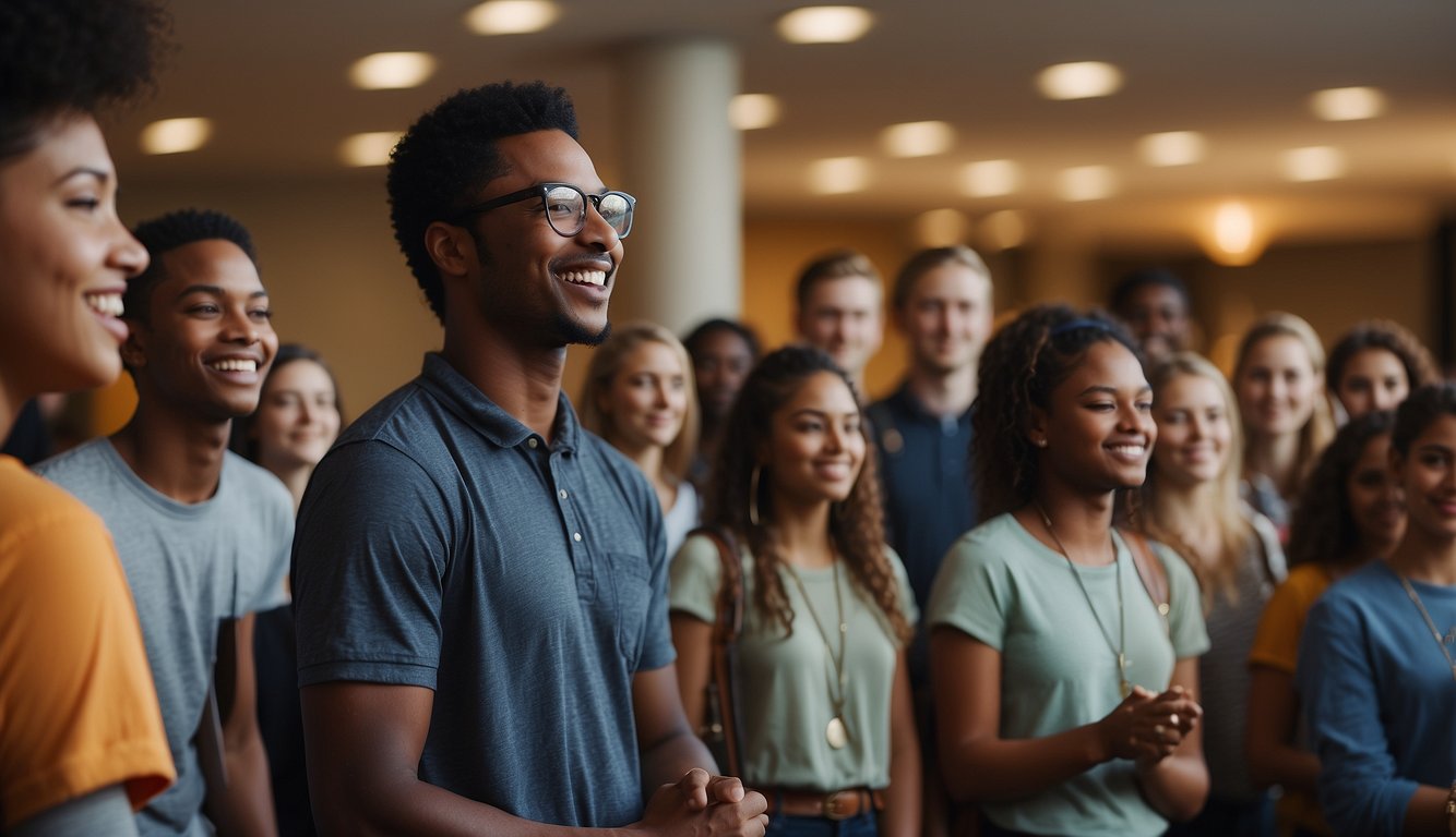 A youth leader stands at the front of a group, engaging and guiding them in discussions and activities. They exude confidence and warmth, creating a welcoming and inclusive environment for all participants