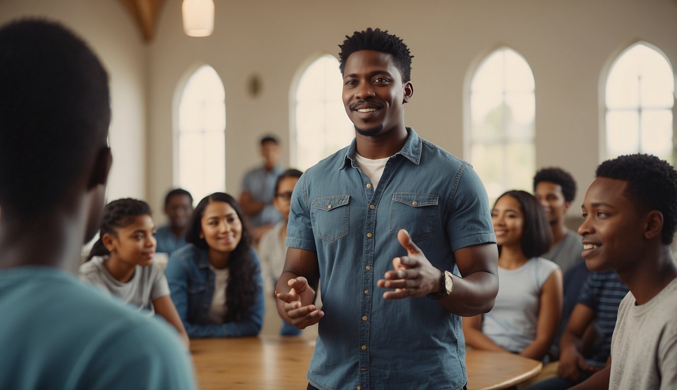 A Church Youth Leader stands in front of a group of young people, leading a discussion and providing guidance and support