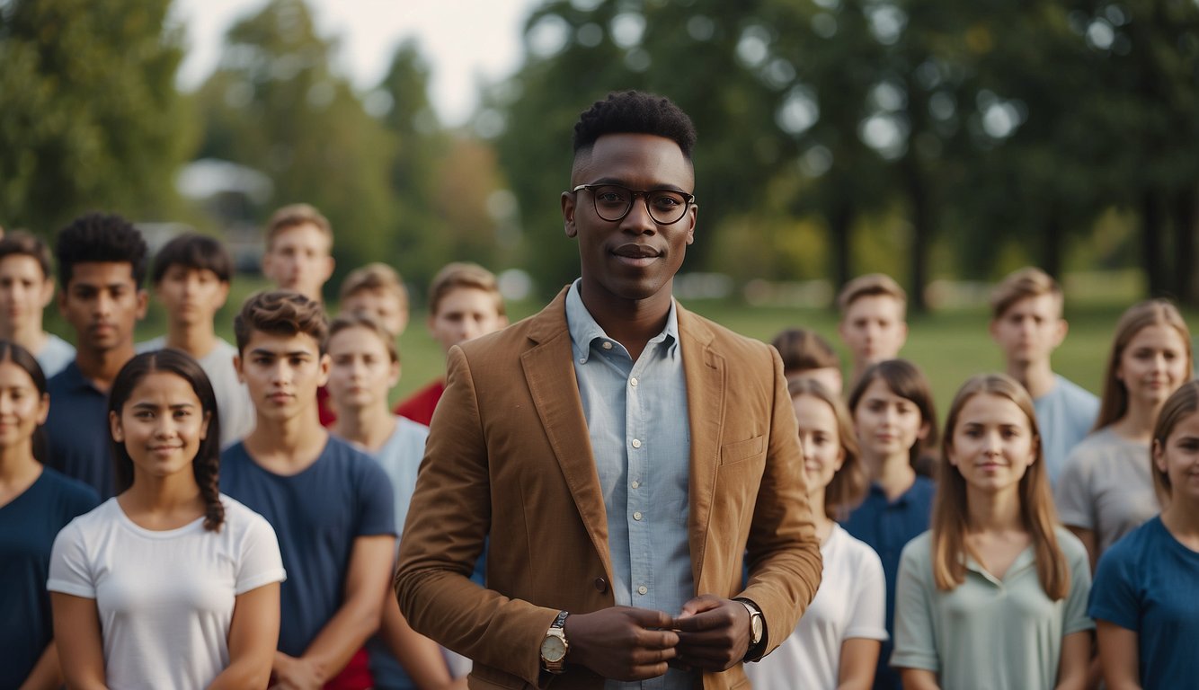 A youth leader stands in front of a group of young people, leading a program on development and execution at a church