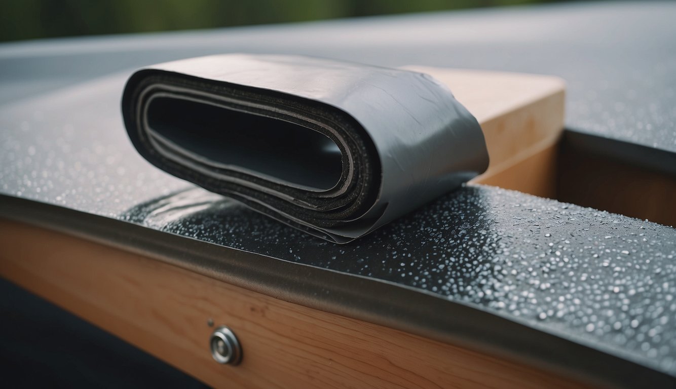 An RV slide is being sealed with insulation, ensuring a tight fit to prevent air leaks. The insulation material is being carefully applied along the edges and seams of the slide, creating a barrier against cold and heat