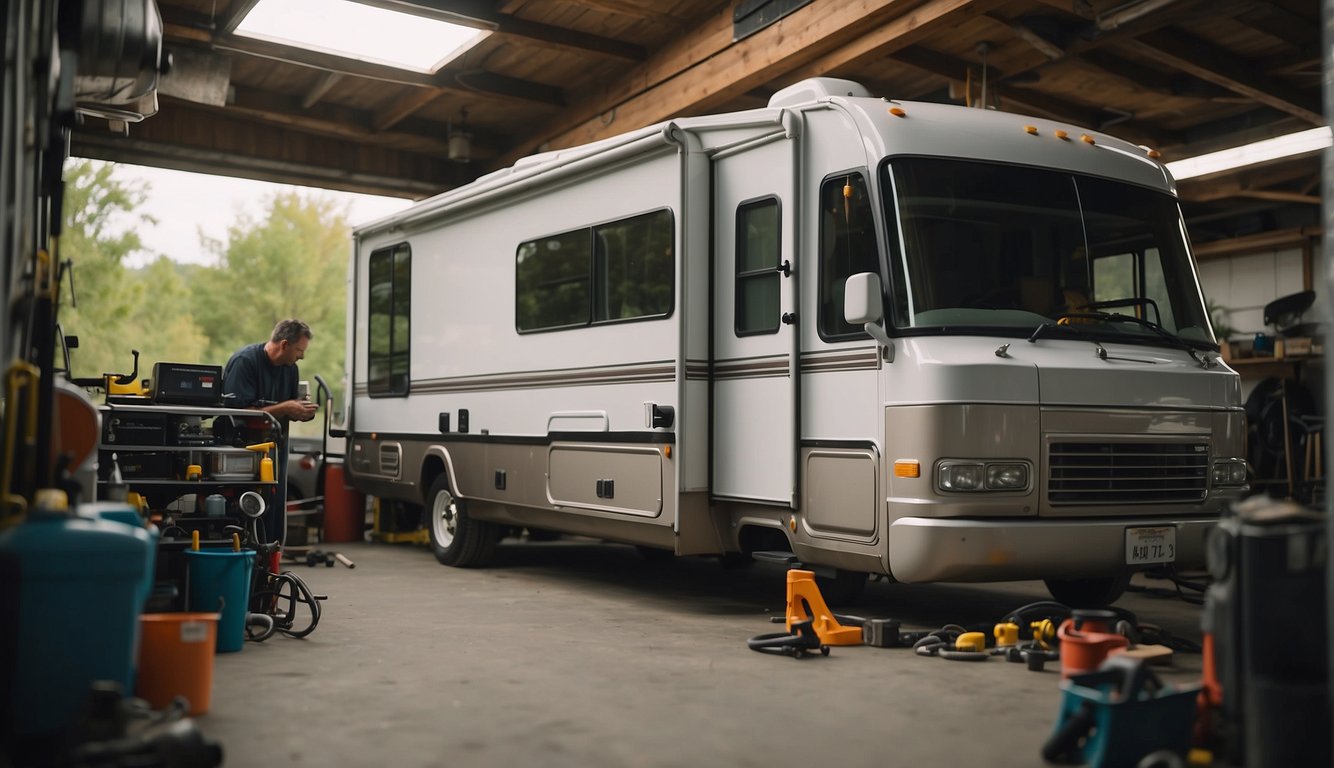 An RV parked in a mechanic's garage, with tools and equipment scattered around. A mechanic is inspecting the exterior while another is checking the interior