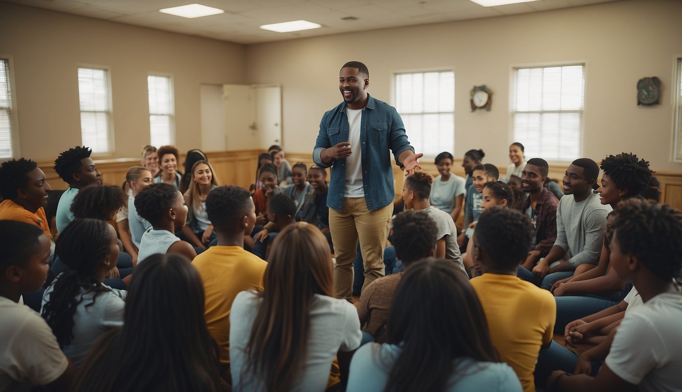 A church youth leader stands in front of a group of young people, leading a discussion on personal development and self-care. The leader engages with the group, offering guidance and support