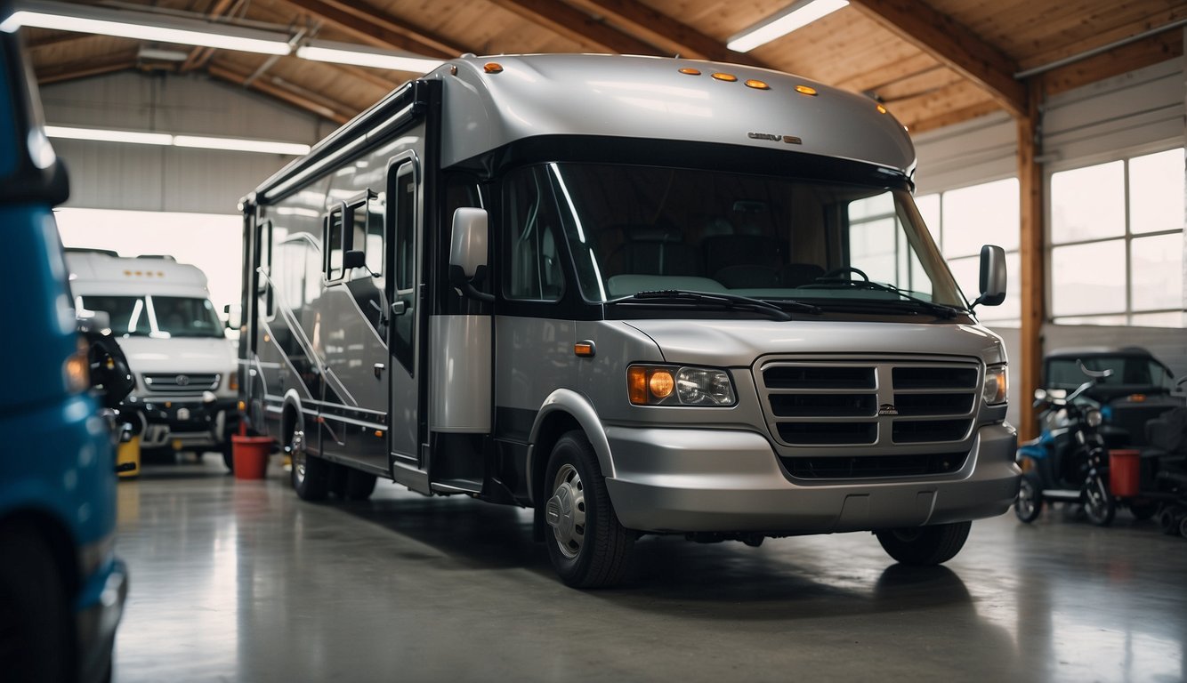 An RV parked in a spacious, well-lit garage with a mechanic inspecting the exterior and interior, checking the engine, electrical systems, and plumbing