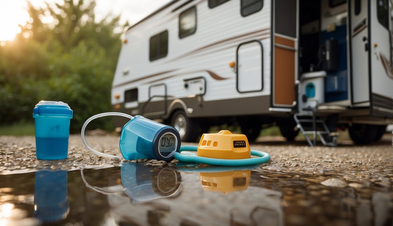 An RV parked next to a water hookup with a meter showing daily usage. A bucket collects runoff from a low-flow showerhead. A faucet drips into a container to measure wasted water