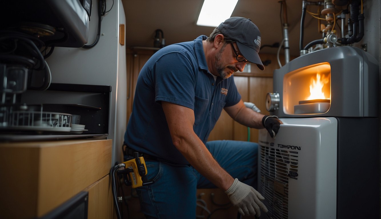 The RV furnace sputters and shuts off as the propane supply runs out. A technician refills the tank and restarts the system, ensuring proper functioning
