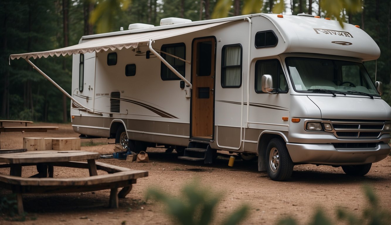 The RV sits on a level surface. Skirting surrounds the base, and blankets are draped over the slides, creating a barrier for insulation