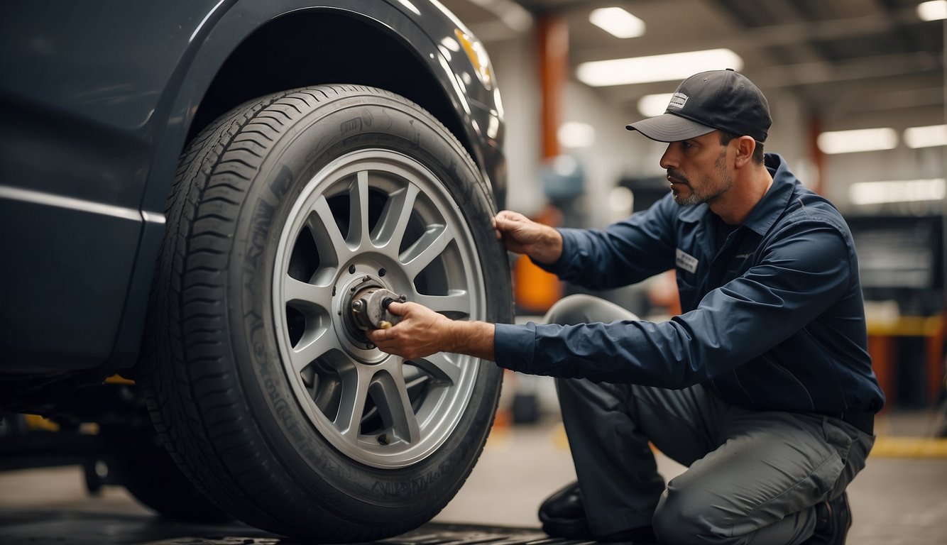 A mechanic inspects a sturdy RV tire for safety and maintenance