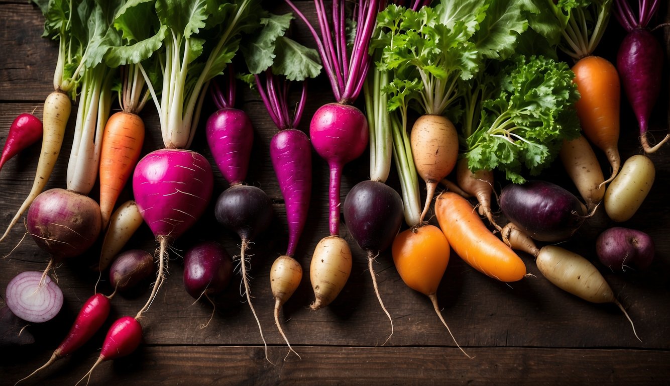 A variety of rare root vegetables, including purple carrots, black radishes, and watermelon radishes, are arranged on a rustic wooden table