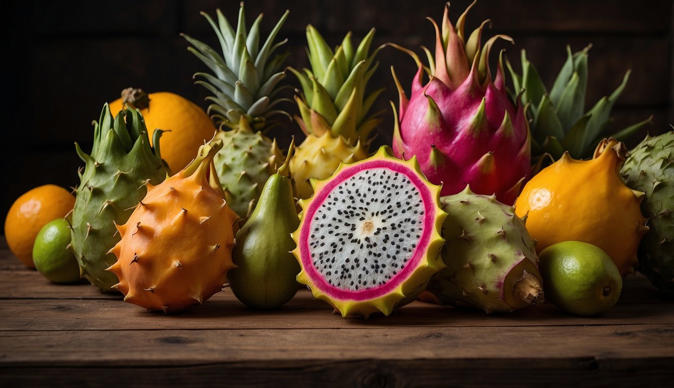 A colorful array of exotic fruits masquerading as vegetables, including dragon fruit, starfruit, and horned melon, arranged on a rustic wooden table