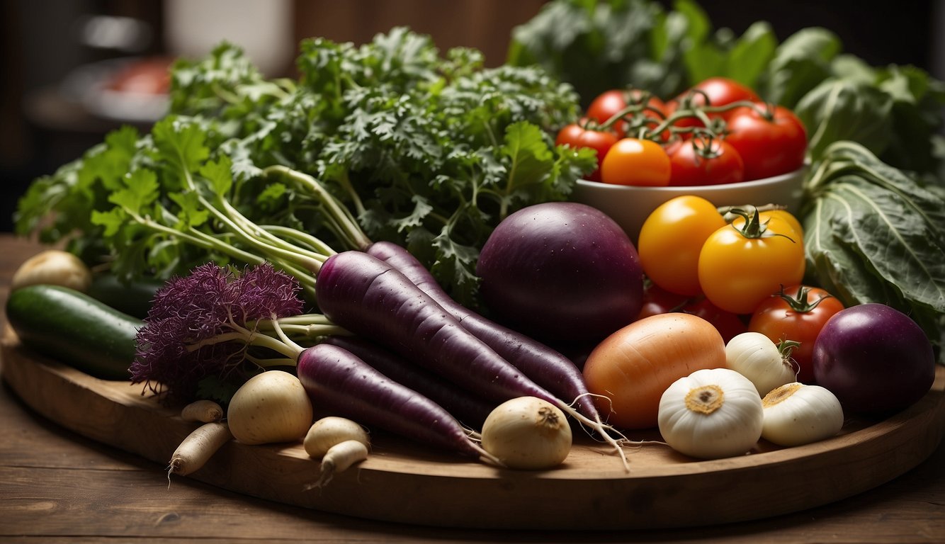 A table displays a variety of rare vegetables, including purple carrots, heirloom tomatoes, and rainbow chard. Labels indicate regional specialties