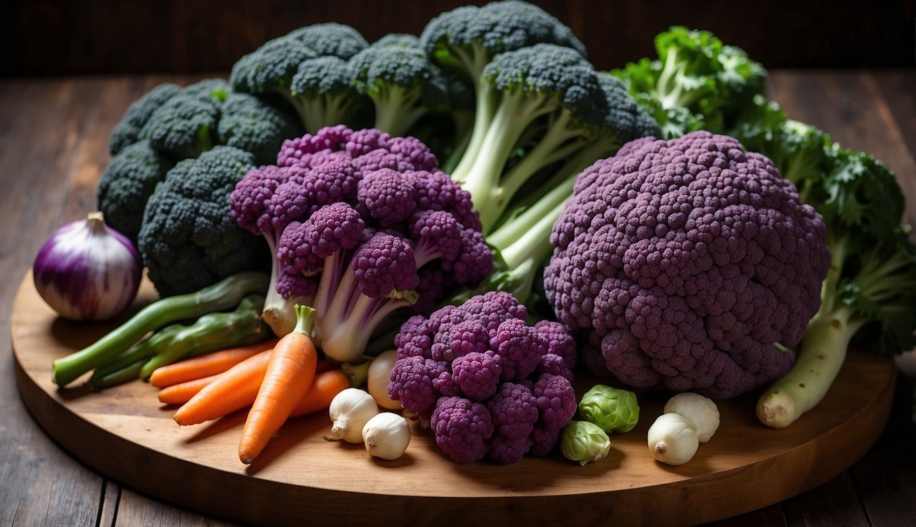 A colorful array of rare vegetables, including purple cauliflower, Romanesco broccoli, and dragon carrots, are displayed on a wooden cutting board, showcasing their health and dietary benefits