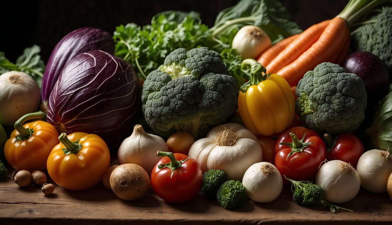 A variety of rare and colorful vegetables are carefully arranged on a wooden table, showcasing the importance of conservation and sustainability in agriculture
