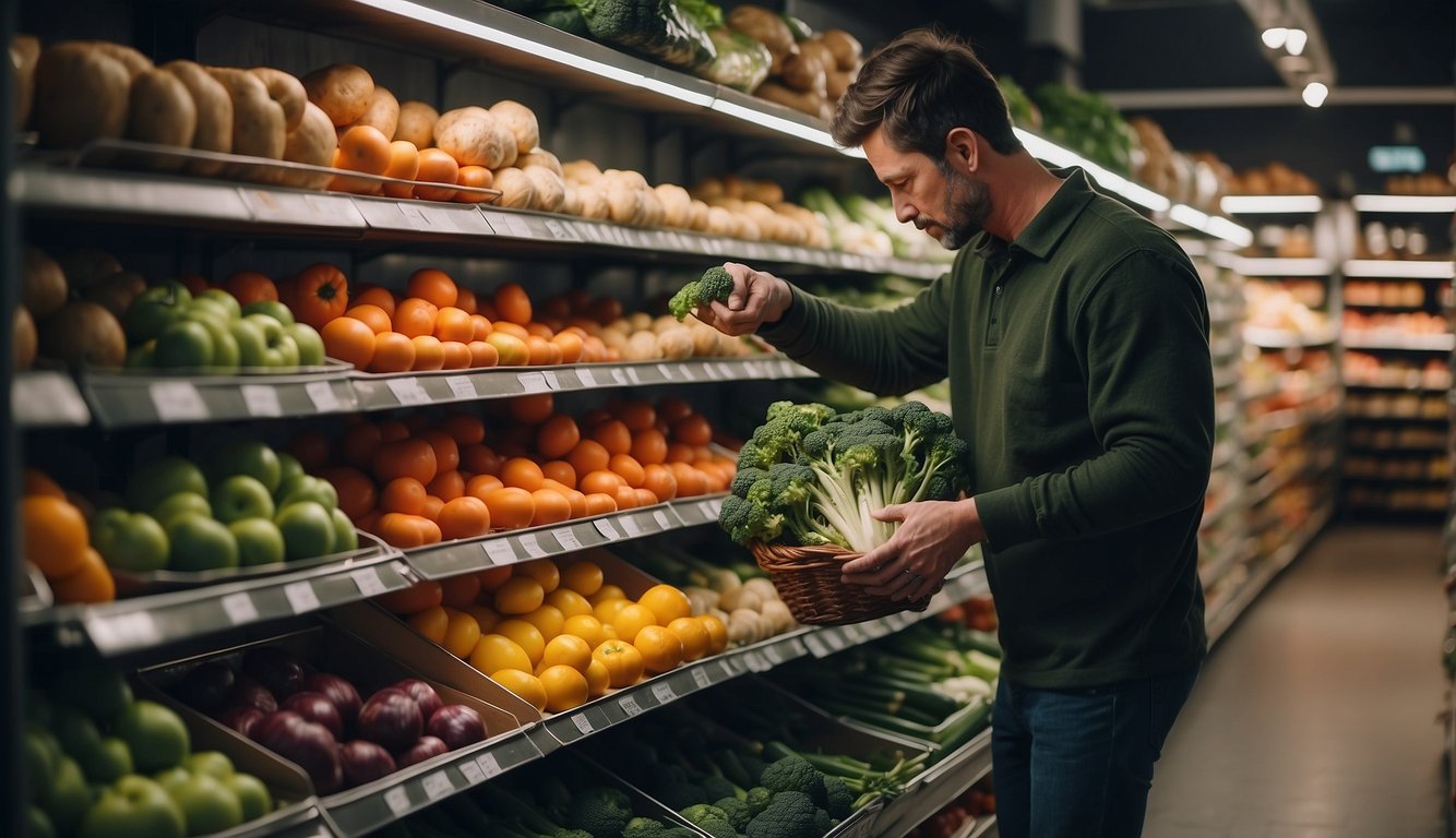 A person carefully selecting and storing rare vegetables in a market or pantry