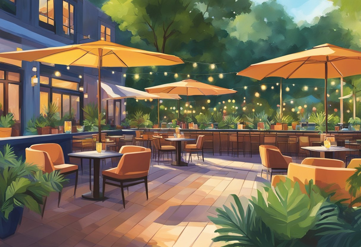 A sunlit patio with colorful cocktails and small plates on tables, surrounded by lush greenery and twinkling lights at Seasons 52 happy hour