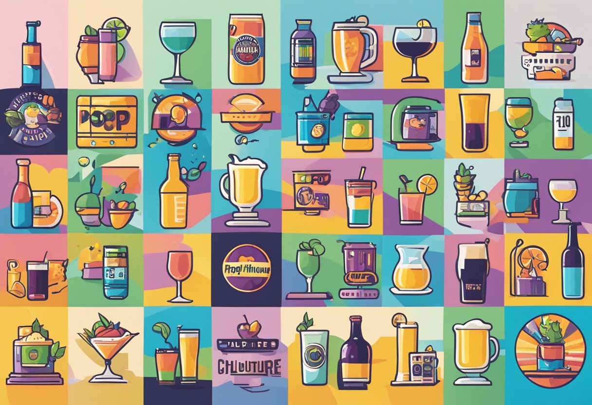 A colorful timeline of pop culture icons from different eras, merging into a modern logo for "Pop Culture Happy Hour."
