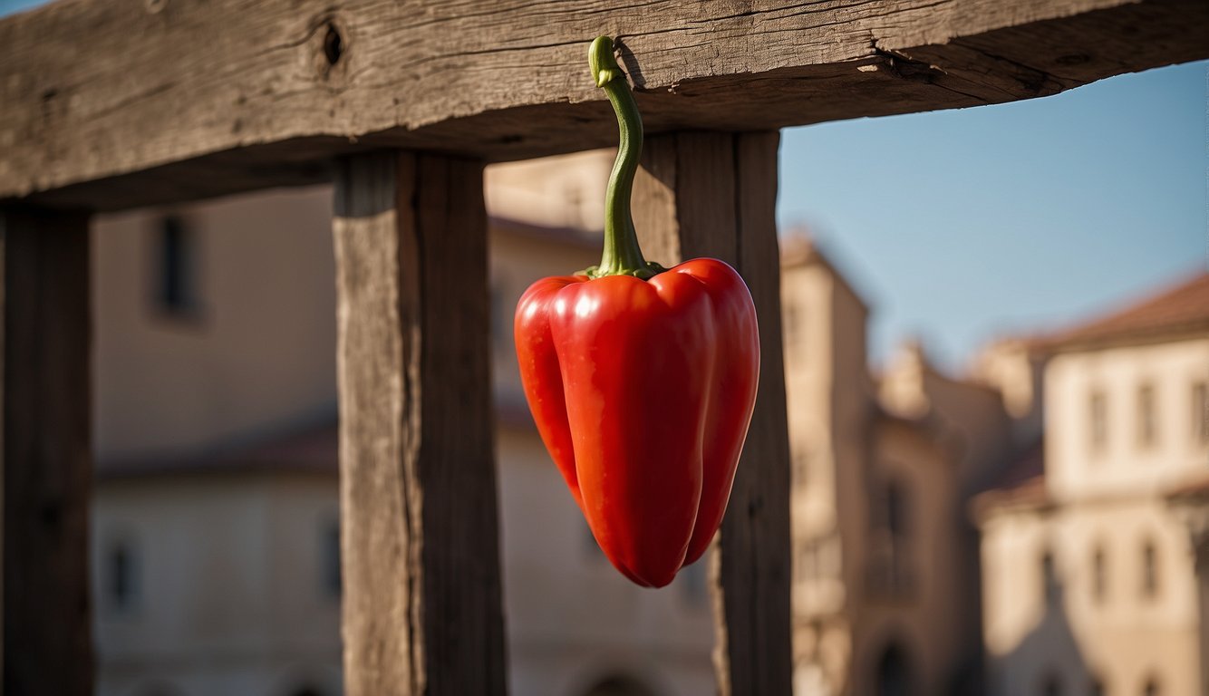A red sweet pepper hanging from a rustic wooden beam against a backdrop of historical architecture