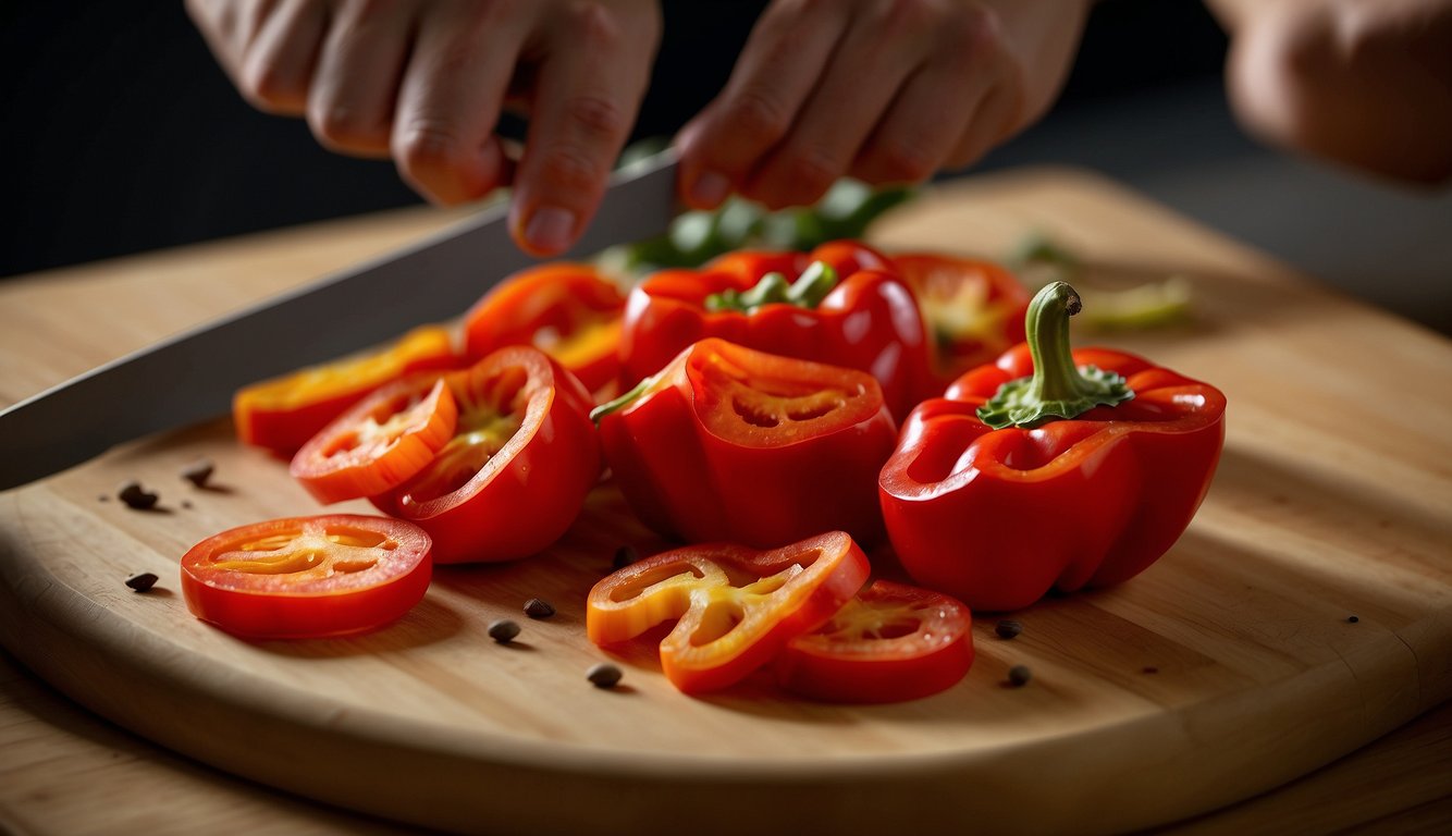 A red sweet pepper is being sliced into thin strips on a cutting board. The vibrant color and juicy texture of the pepper are highlighted as it is being prepared for culinary use