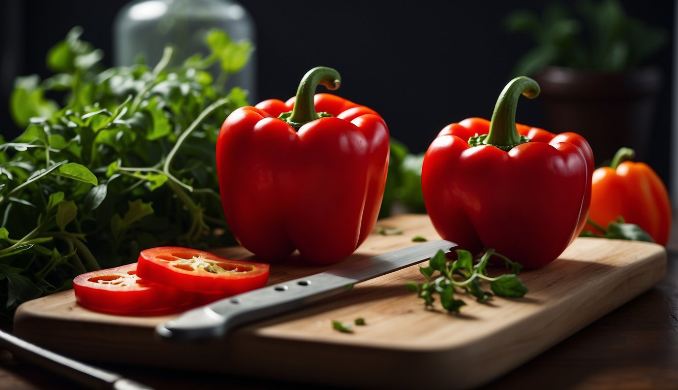 A vibrant red sweet pepper sits on a cutting board, surrounded by fresh green herbs and a knife. Its shiny surface glistens under the light, showcasing its health benefits