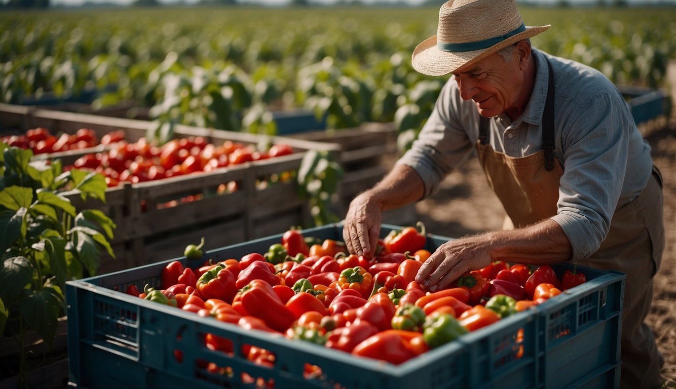 A farmer picks ripe red sweet peppers and places them in a storage crate