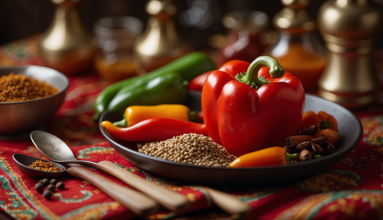 A red sweet pepper sits on a vibrant tablecloth, surrounded by traditional cooking utensils and spices, symbolizing cultural significance