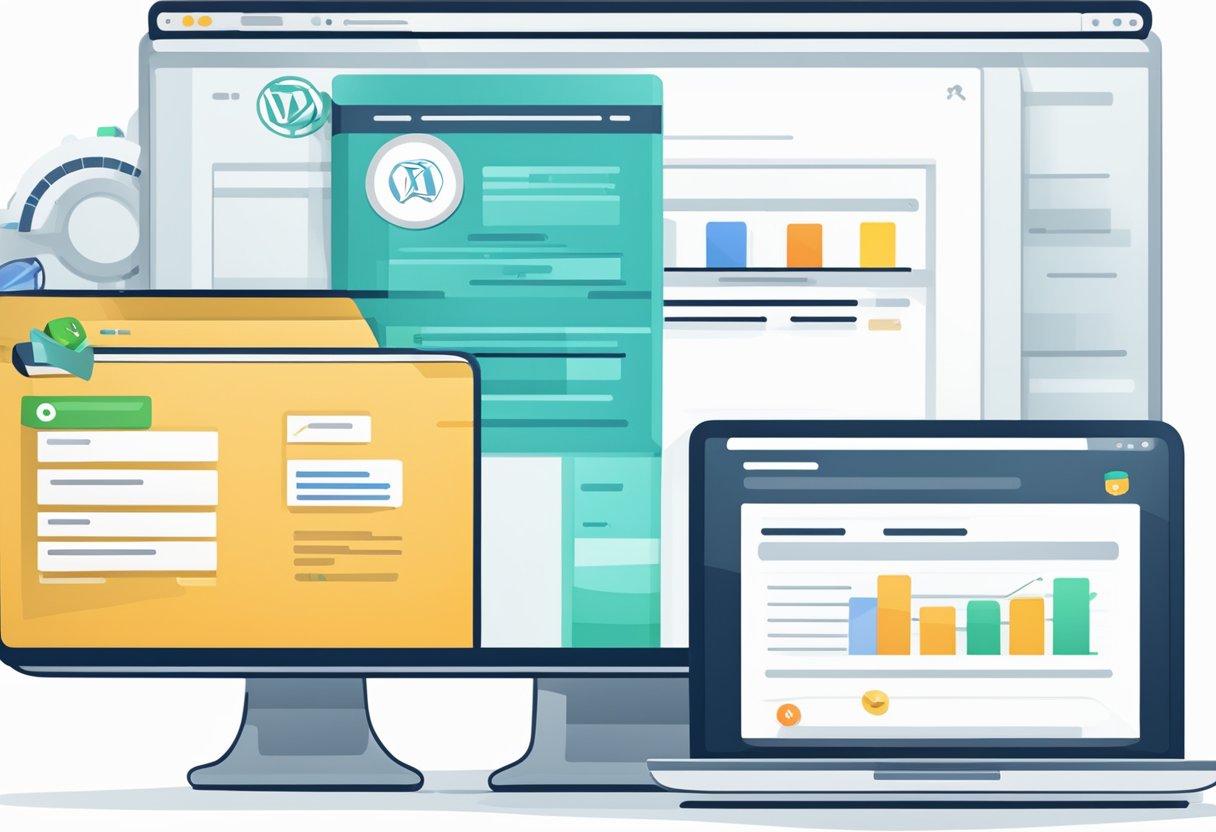 A laptop screen displaying WordPress dashboard with SSL certificate installation process. Browser window open with SSL certificate provider's website