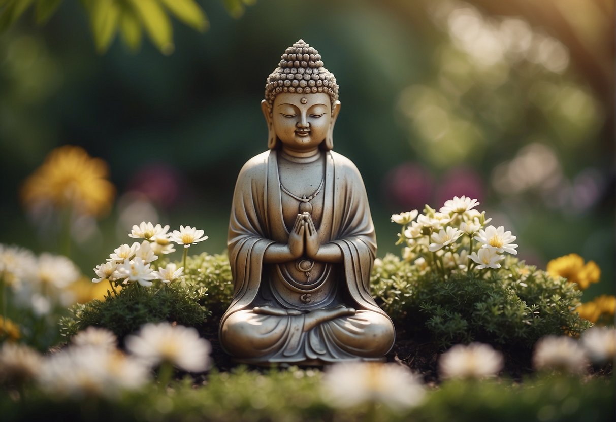 A serene figure meditates in a peaceful garden, surrounded by blooming flowers and a gentle breeze