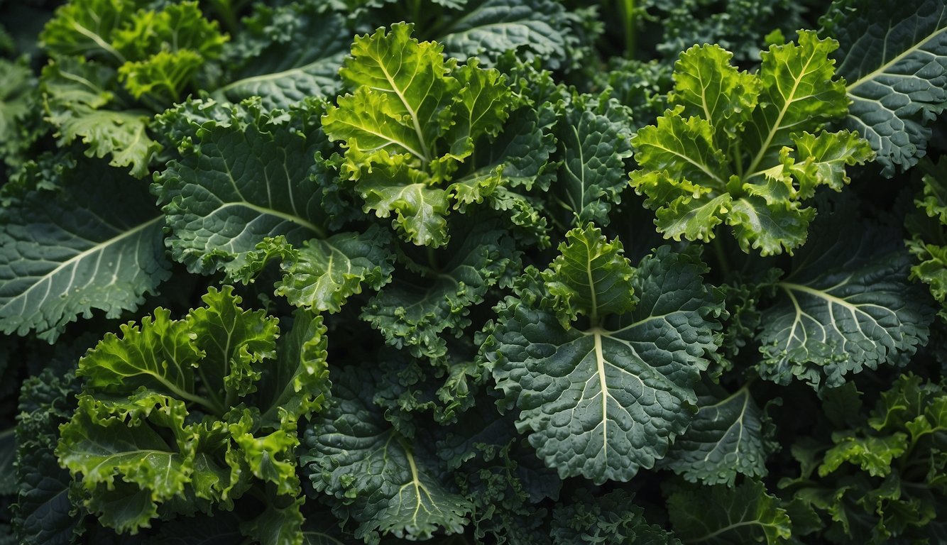A variety of kale leaves arranged in a colorful and diverse pattern, showcasing their different shapes, textures, and shades of green