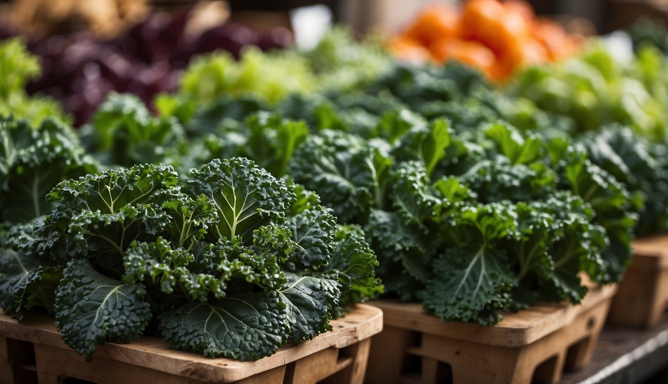 Various types of kale leaves, including curly, lacinato, and red Russian, are neatly arranged in a vibrant display at the market