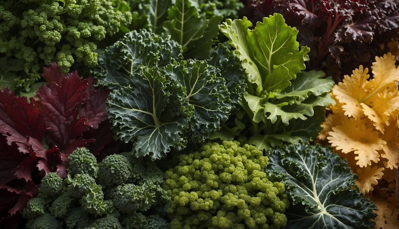 Various types of kale leaves, including curly, lacinato, and red Russian, are arranged in a vibrant and textured display
