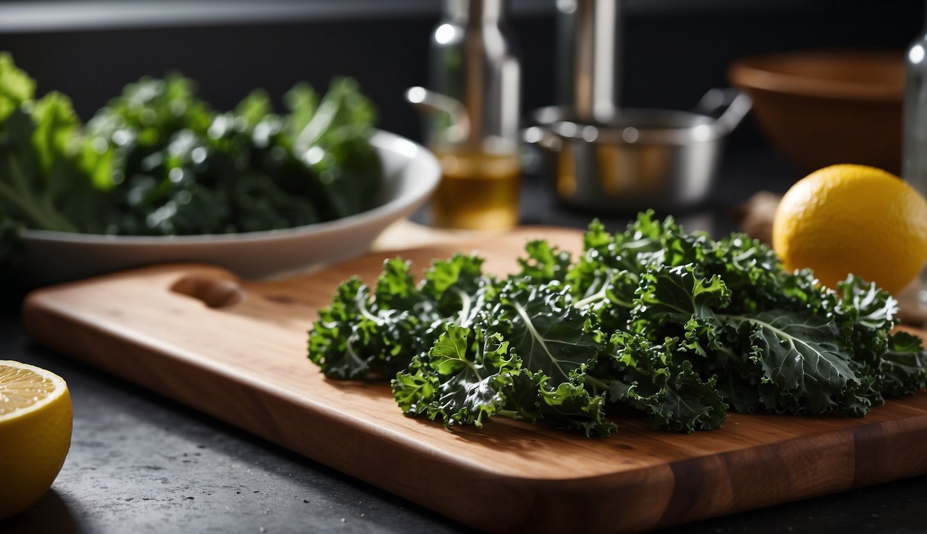 Washing and chopping various kale leaves on a clean cutting board
