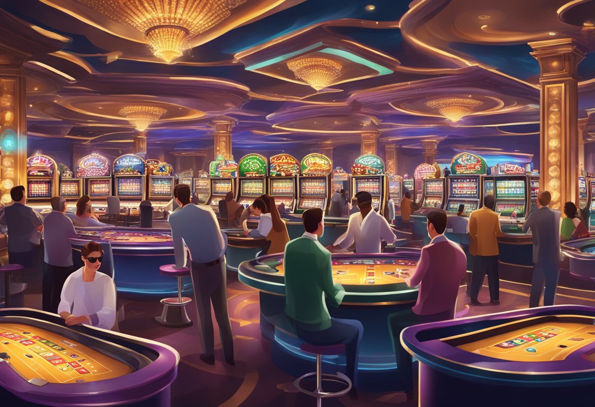 A bustling casino floor with colorful slot machines, elegant card tables, and excited players enjoying the thrill of gambling