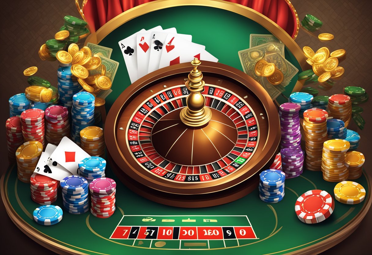 A vibrant online casino scene with French elements, including roulette wheels, playing cards, and elegant casino decor
