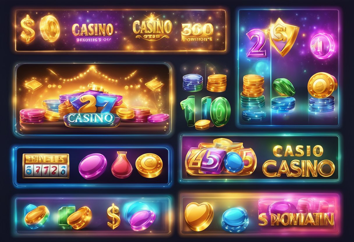 Colorful banners and symbols of casino promotions and bonuses displayed on a computer screen