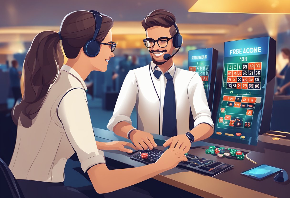 A customer service representative assists a user at a French online casino, providing support and guidance. The setting is professional and welcoming, with a focus on helping users