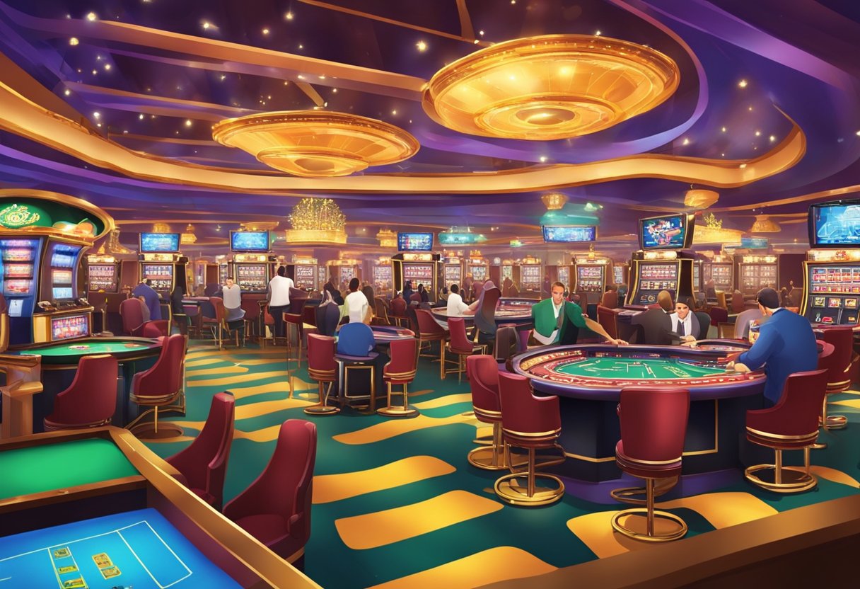 A vibrant casino floor with slot machines and card tables, surrounded by excited gamblers and a lively atmosphere