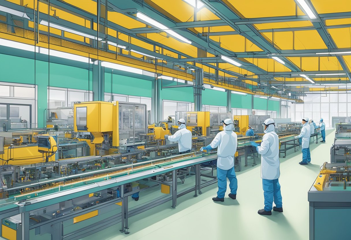 PCB assembly machines whirring in a brightly lit factory, with workers in protective gear overseeing the process