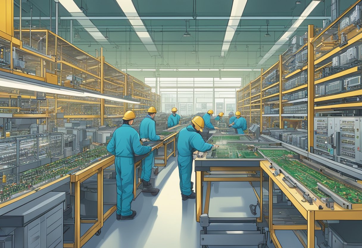 A bustling factory floor with workers assembling circuit boards, rows of machinery, and shelves of electronic components