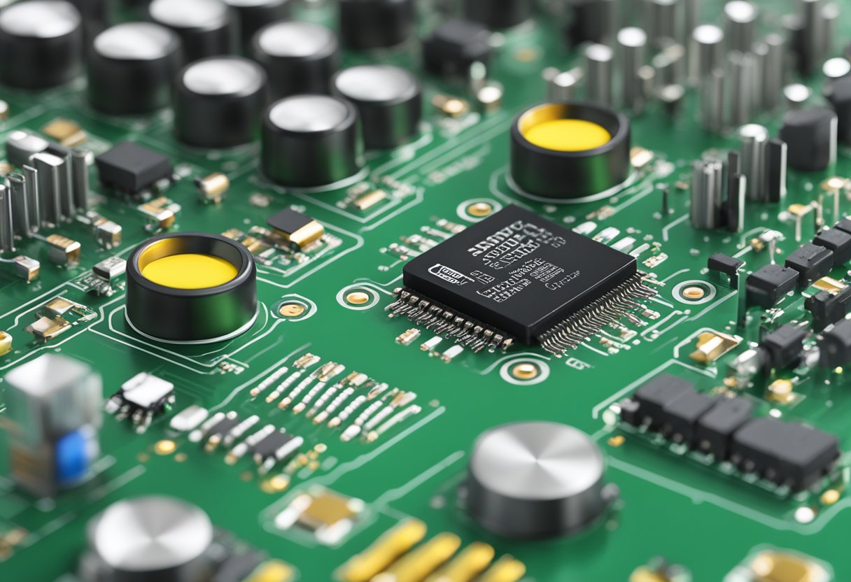 Components arranged on a PCB, with a supplier logo in the background. Quality control equipment nearby