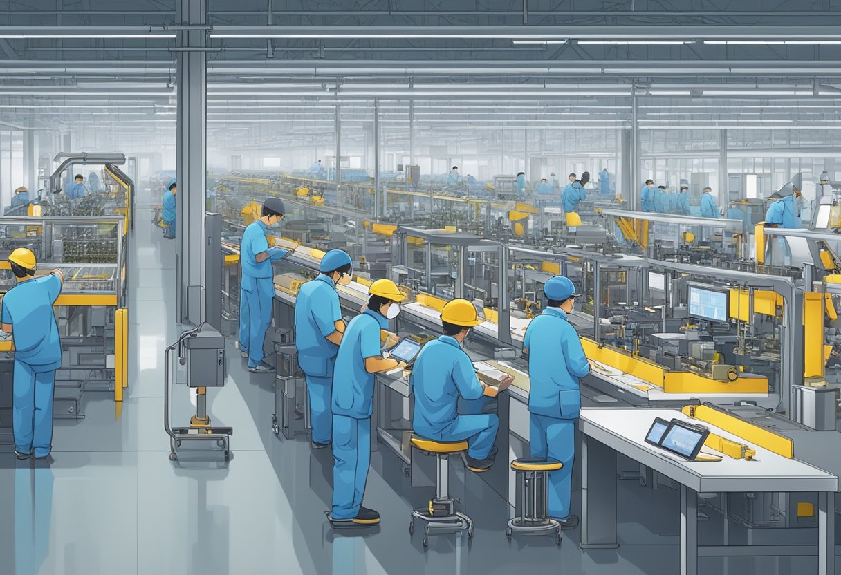 A bustling factory floor in China, filled with advanced machinery and workers assembling PCBs with precision and efficiency