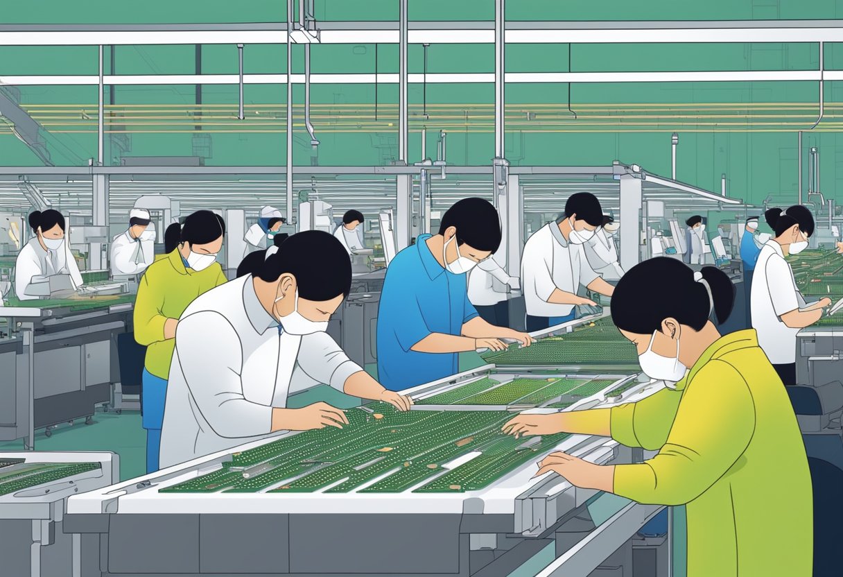 An array of PCB components being assembled on a production line in a Chinese factory