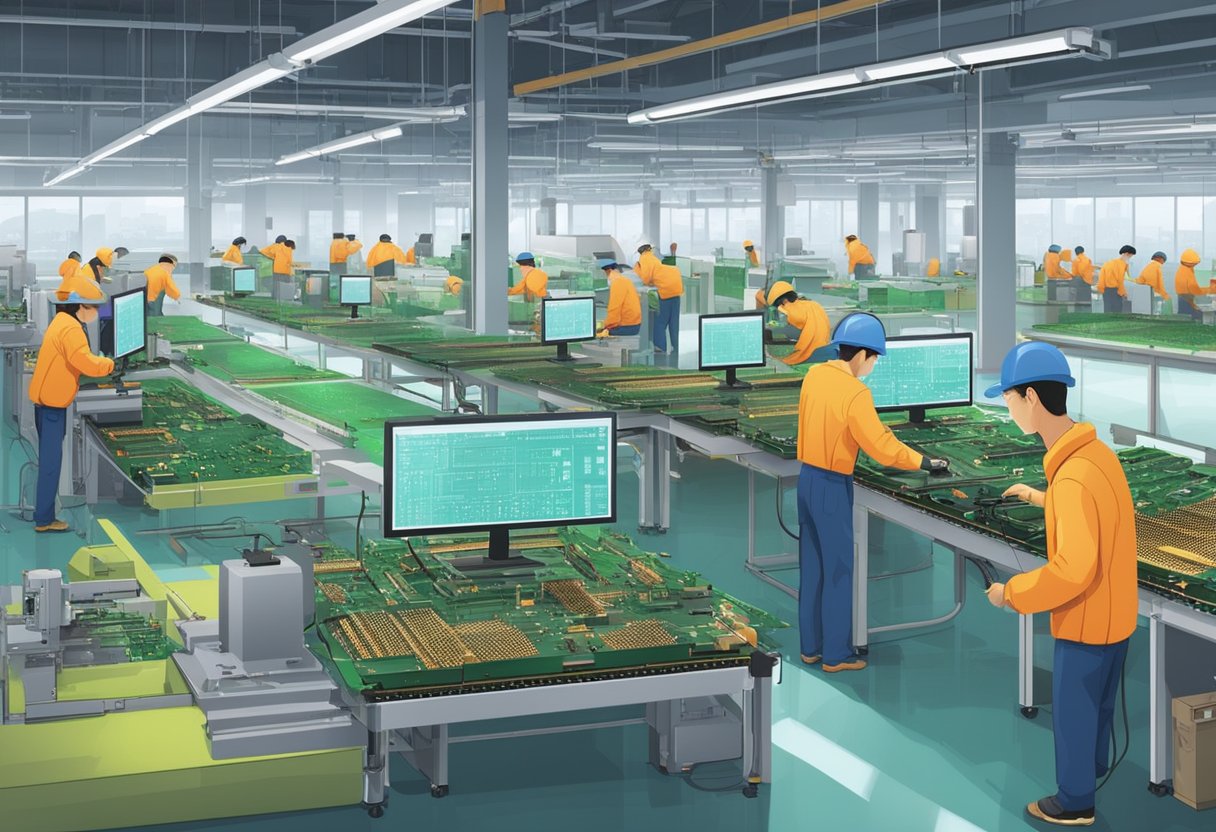 Several workers assemble PCBs in a modern Chinese factory. Machinery hums as components are carefully placed and soldered onto the boards