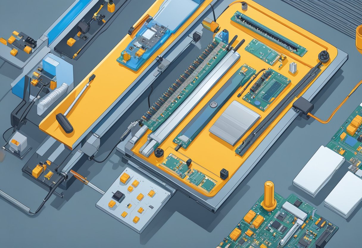 Soldering iron joins components on PCB. Conveyor belt moves boards through assembly line. Quality control inspects finished products