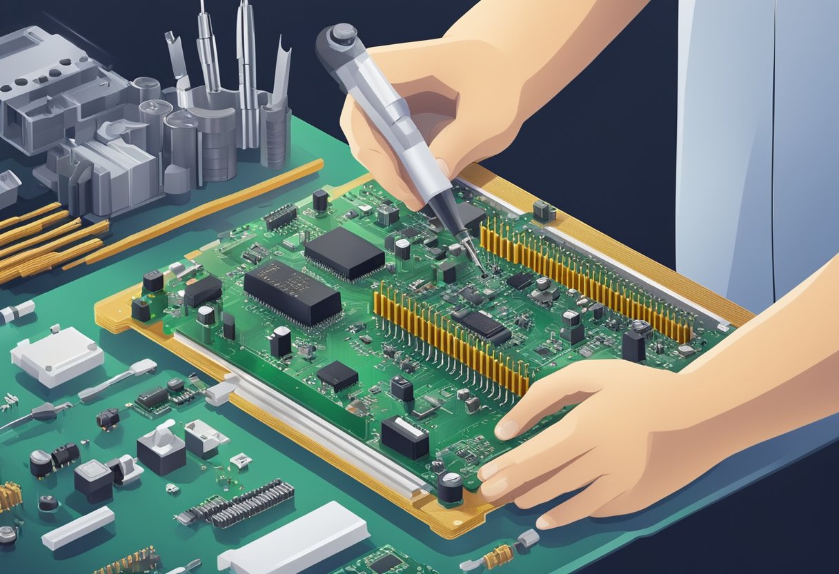 A PCB assembly technician carefully places electronic components onto a printed circuit board, surrounded by various tools and equipment