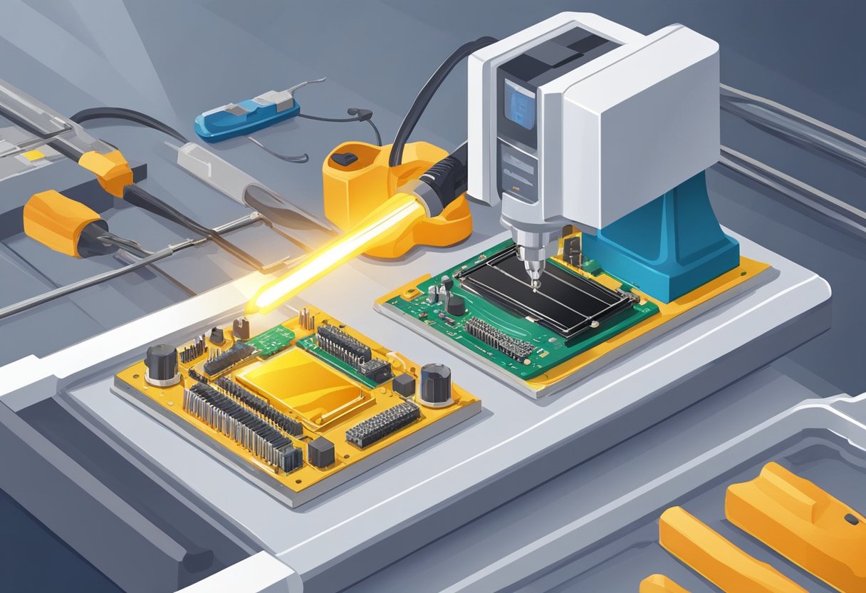 Soldering iron melts solder onto PCB. Components placed by pick and place machine. Inspection for quality control