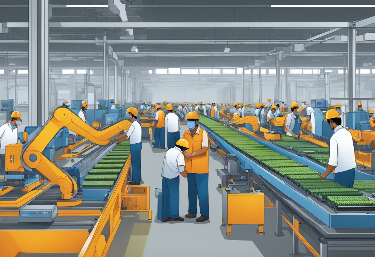 A bustling factory floor in Gujarat, with workers assembling PCBs on conveyor belts amid rows of machinery and equipment