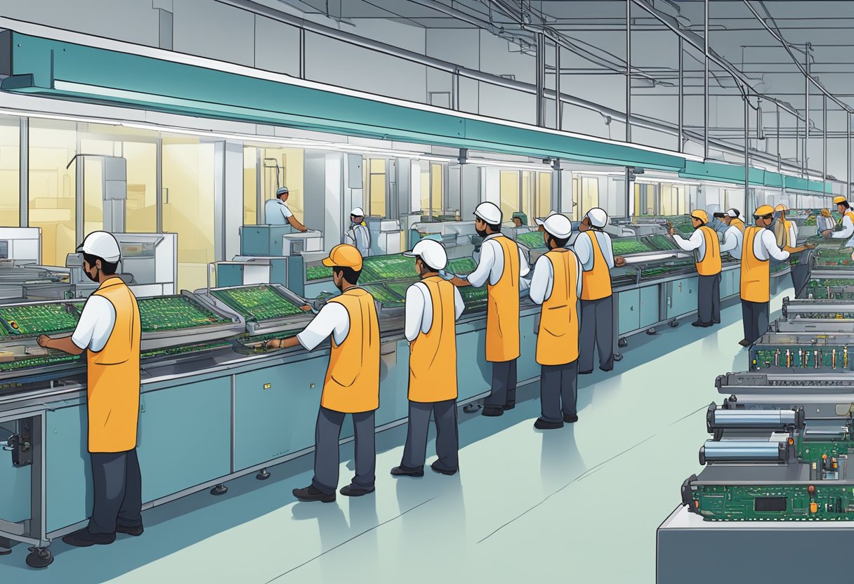 A busy PCB assembly line in Gujarat with workers and machines