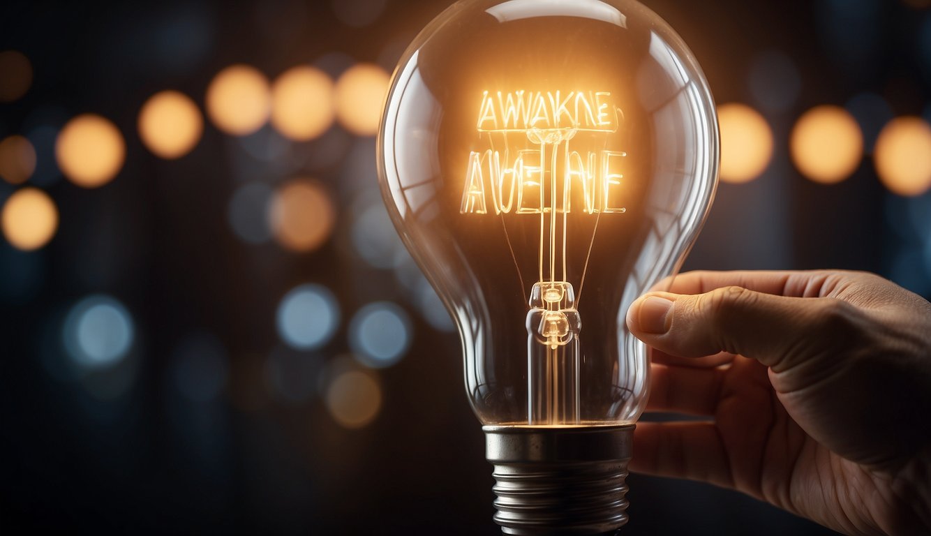 A light bulb illuminates as a hand reaches out to touch a sign that reads "Awaken" and "Realize." The words glow with energy, drawing attention to the message