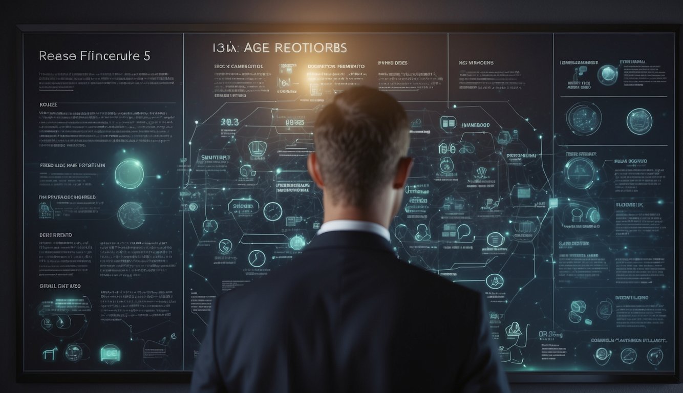 A person standing in front of a board with various case studies and testimonials, with a glowing word "realise" hovering above the board