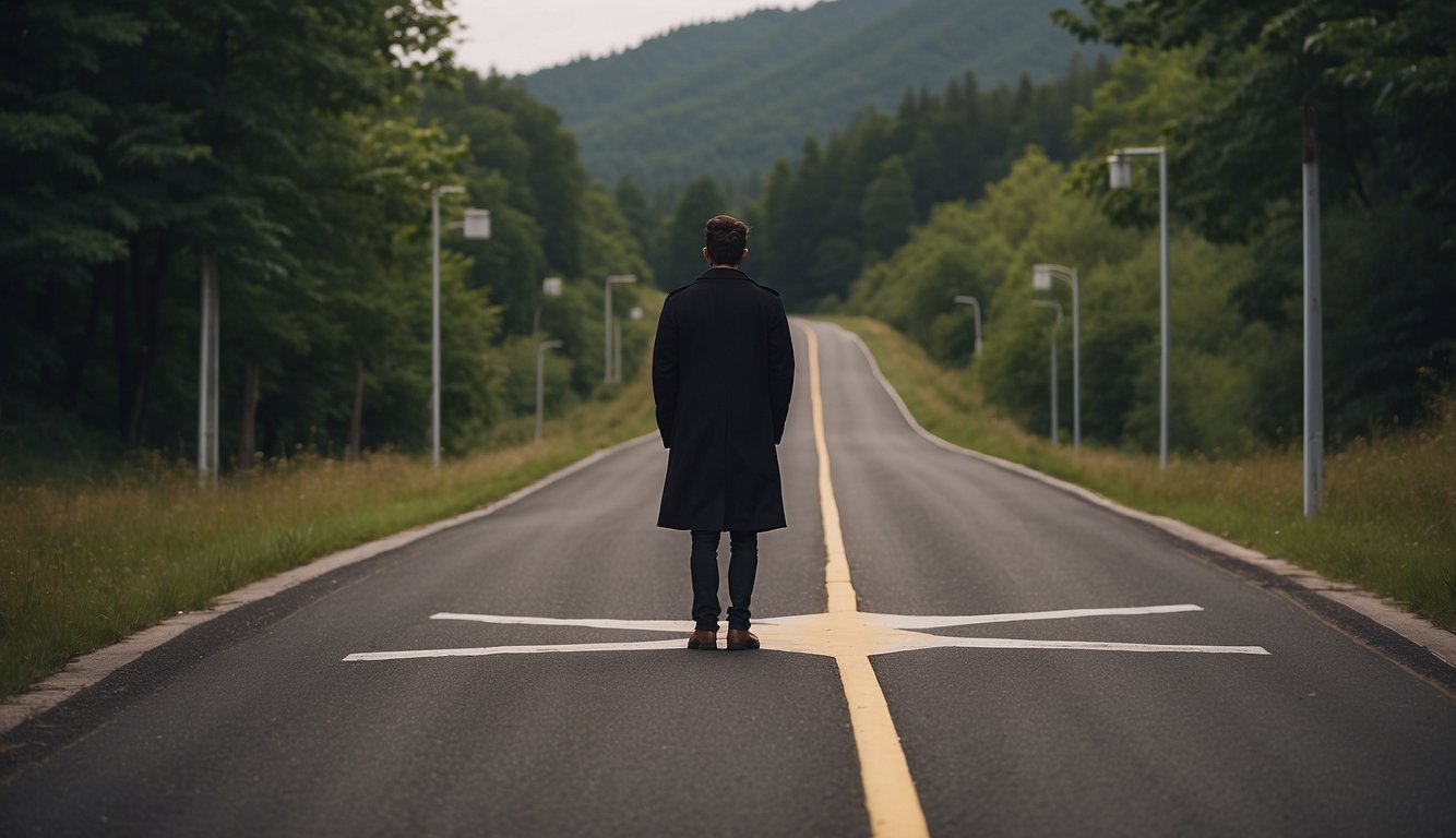 A person standing at a crossroads, with one path leading to obstacles and the other to open opportunities, symbolizing the challenges and limitations of using the switchword to make someone realize their mistake